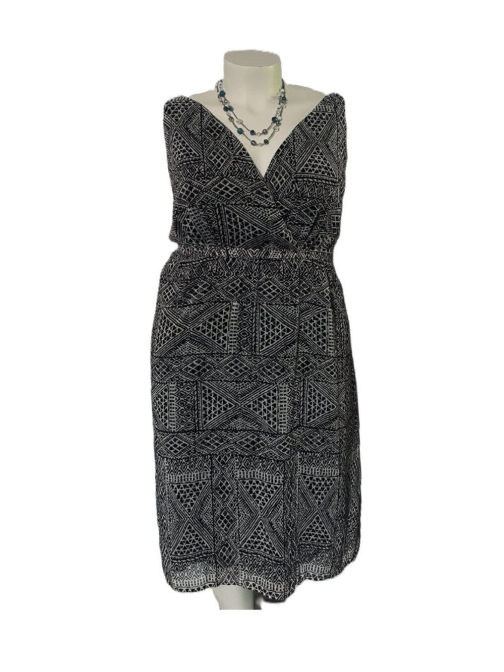 Avenue Brown Grey Geometric Tribal Faux Wrap Dress Womens 22 Midi Sleeveless